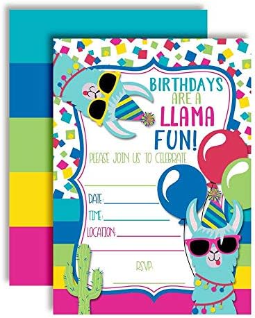Llama Fun Llama Tema rođendana za djecu, 20 5 x7 popunite karte sa dvadeset bijelih koverta amandakacija