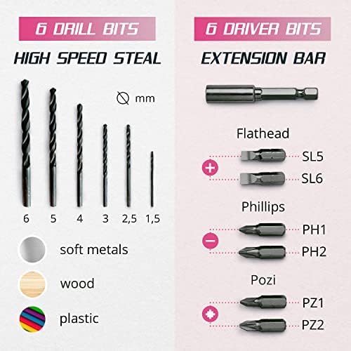 Pink Cordless Drill Set-Električni odvijač cordless drill Kit za žene - 12v punjiva Li-Ion baterija