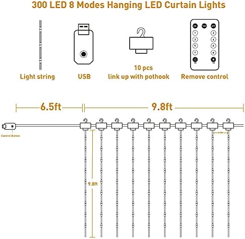 300 LED svjetla za zavjese sa 8 načina rada, 9.8ftX9.8ft vjenčana svjetla sa mogućnošću zatamnjivanja s