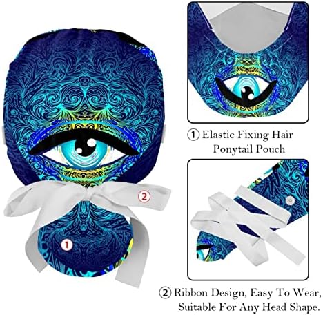 2 pc medicinska sestra piling kape žene duga kosa, geometrija simbol očiju plava podesiva radna kapa sa gumbom