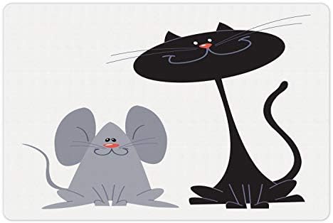 Ambesonne mačka i miš za kućne ljubimce Mat za hranu i vodu, Funny Cartoon likovi sa velikim uši i lice