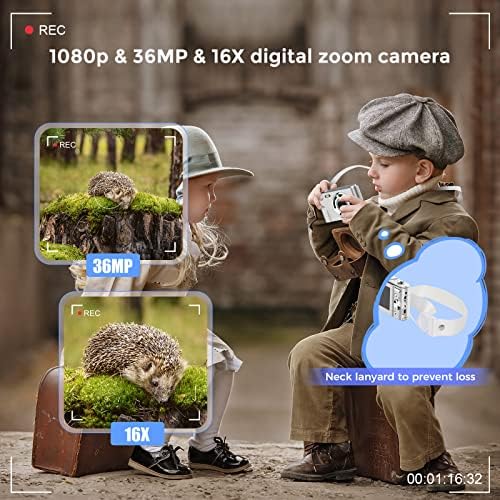 Digitalna kamera, RUAHETIL autofokus fhd 1080p 36mp vlogging kamera za djecu, 16x zum 2 načina punjenja za