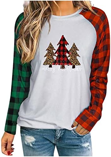 Sretan Božić pulover Top za žene karirani Patchwork Dugi rukav Božić Tree Print Shirts labava