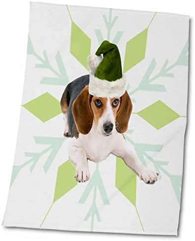 3Droza pasmina psa Beagle u zelenom santa šeširu sa snježnim pahuljicama - ručnicima