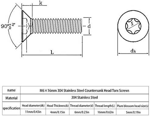 M6-1.0 × 16 mm 304 od nehrđajućeg čelika za glavu Torx vijci 20pcs, vijci sa punim navojem, standardna Torx