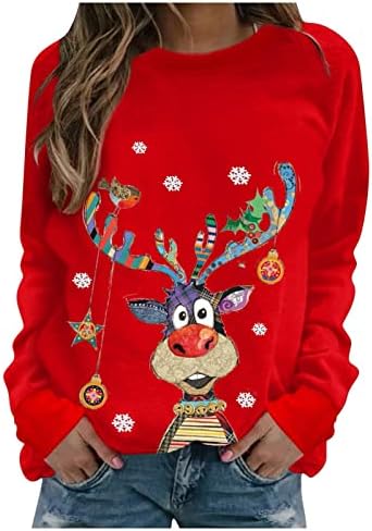 Srećna božićna majica ženski o-vrat Božićni tisak dugih rukava duge casual bluza pulover vrhove