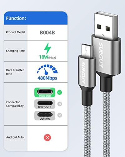 SUNGUY kratki Micro USB kabl 1.5 ft [3-Pack], najlon pleteni USB na Micro USB 2.0 brzo punjenje &