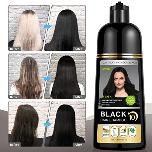 Instant Black Hair Color šampon za sijedu kosu, IVNIL prirodni šampon za farbanje kose za žene & Man, 3-u-1 & polutrajni, biljni sastojci & Bez amonijaka, brzog djelovanja i dugotrajnog, 13,5 fl oz
