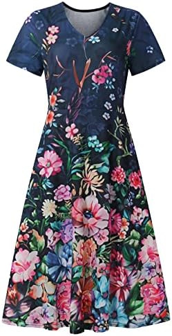 Nokmopo Boho haljina za žene Ljeto Ležerne prilike Floral Print Kratki rukav V-izrez Swing haljina