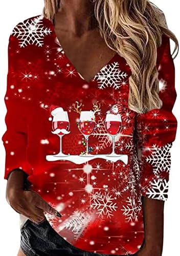Božićne dukseve za žene 2022 V izrez svjetlucavo štampane dukseve Casual Dugi rukav labavi pulover topovi