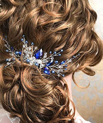 Aimimier Bridal Royal Blue Crystal češalj za kosu i naušnice Sapphire Blue Pearl hair Piece Set Prom Party Festival