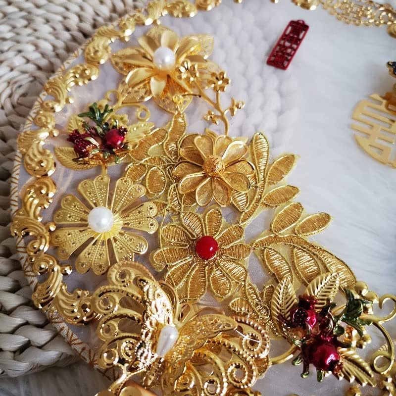 N / A Zlatni kineski stil mladenke Bouquet umjetni cvjetovi vjenčani ventilator Pearl kristalni