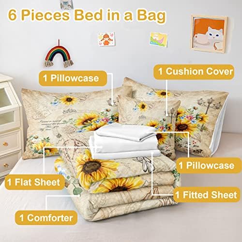 6 komada Suncokretorni krevet u torbi Komformer set Twin Yellow Vintage Commforter i čvrsti boju set