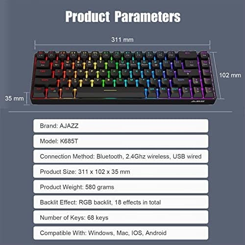 Ajazz K685T bežična 60% mehanička tastatura, Bluetooth/2.4 G/žičani Multi-Mode, RGB pozadinsko