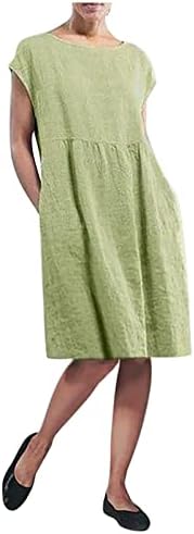 Ženska haljina od pamučne posteljine ljeto kratki rukav Crewneck Midi haljine plus veličina casual