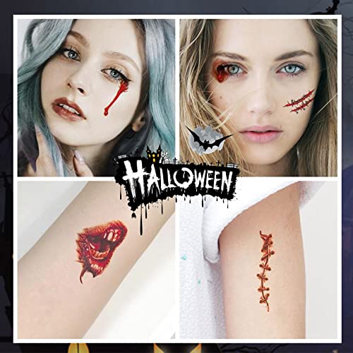 Gotgala 30 listova Halloween Tattoo naljepnice Horror Realistic Lažni krvavi ubod Stitch Scab Vodootporna privremena