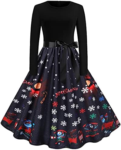 2022 Božićne koktel haljine Ženska haljina s dugim rukavima Linija Xmas Snowflake Print Midi Swing
