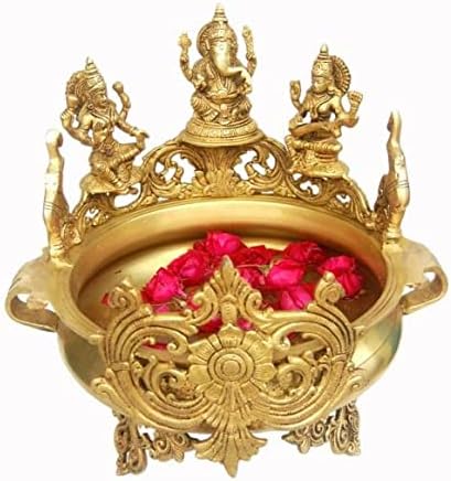Sharvgun 14 Laxmi Ganesh & Saraswati reljefni mesingani Urli za plutajuće svijeće i cvijeće Dizajnerska