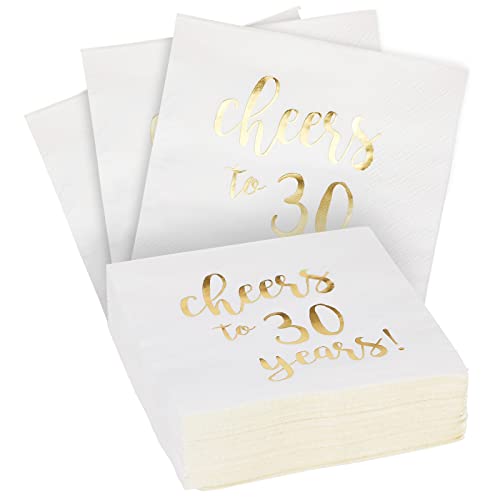 50 paketa na 30 godina koktel salvete za 30. rođendan, obljetnice za zabavu, 3-slojni, bijela i zlatna folija