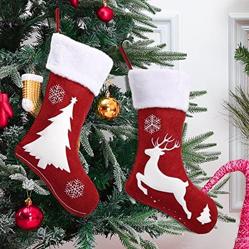 2 pakovanje 18 inča Burlap božićne čarape sa plišanim manžetnom Slatkom kaminom Božićne ukrase