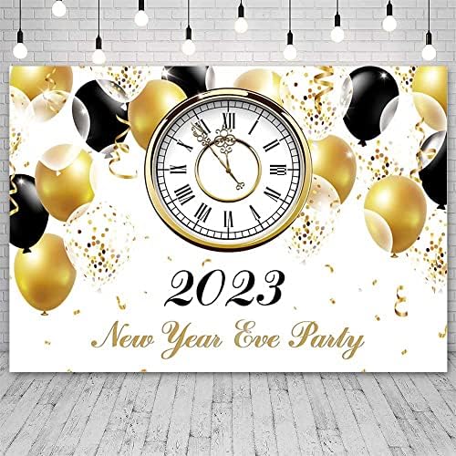 AIBIIN 8x6ft Sretna Nova Godina pozadina 2023 zlato i crni baloni sat fotografija pozadina Doček Nove godine