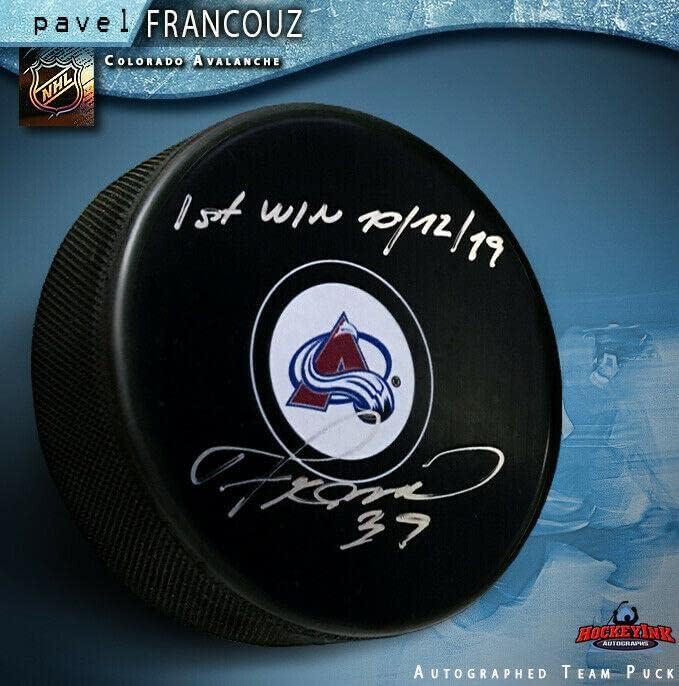 PAVEL FRANCOUZ potpisao Colorado Avalanche Puck - 1. Pobjeda 10-12-19-NHL pak sa autogramom