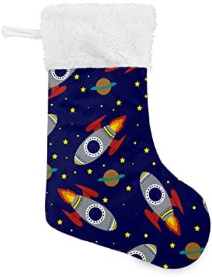 Božićne čarape raketne crtane planete vanjsko svemirske noći bijeli pušački manžeti Mercerizirani