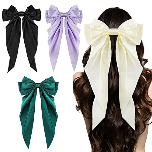 Big Bow Hair clips 4pcs, dugi rep francuski kose lukovi za žene, satenska svilenkasta luka za kosu,