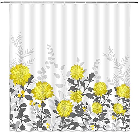 Cvjetni tuš za zavjese žuti cvjetovi apstraktni proljetni cvijet botaničkih biljaka siva napušta boho rustikalna