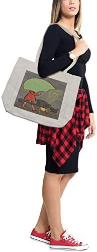 Ambesonne Umbrella Girl torba za kupovinu, tumačenje dame koja šeta sa psom po kišnom vremenu, ekološka torba