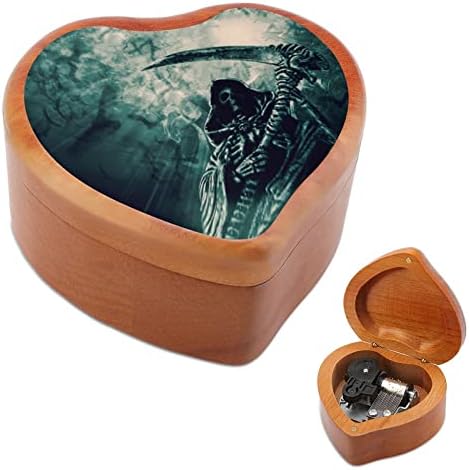 Skelet s kapuljačom Grim Reaper Drvena muzička kutija Slike u obliku srca Muzičke kutije Vintage Wood kutija