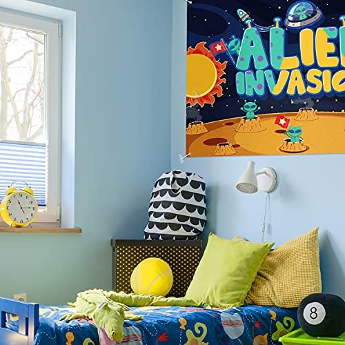 Alien Invasion Backdrop Banner Decor tamno plava-Cartoon Outer Space Happy Birthday Party