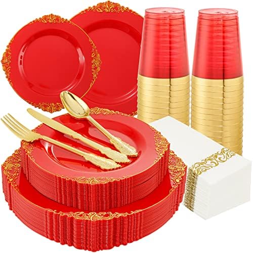 Morejoy 175kom crveni plastični tanjiri, crveni jednokratni tanjiri sa zlatnim obodom, crveni