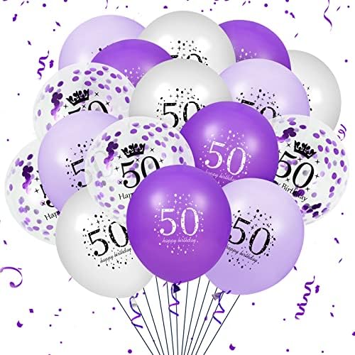 50. Purple Rođendan baloni ukrasi, 16 kom ljubičasti bijeli konfeti baloni za žene za žene Muškarci Sretan