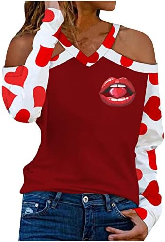 Žene Valentines Day Love Heart Horts Seksi od ramena V Vrući za vrat Smešni novitetni grafički grafički bluze