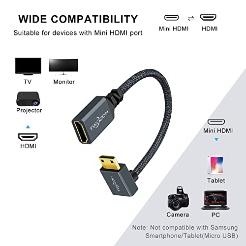 Twoh Mini HDMI do HDMI adaptera za kabel 0,6ft, najlonska pletenica 90 ° stupanj desni kut muški mini HDMI do