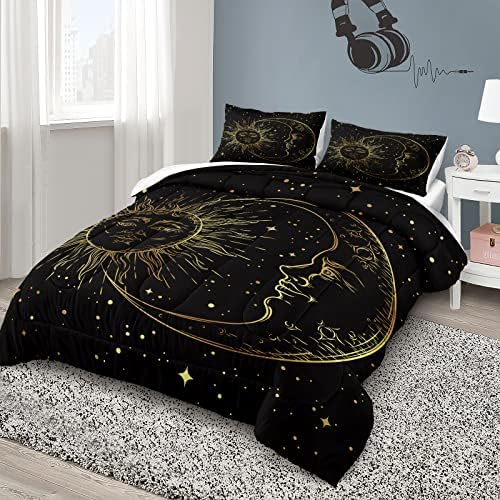 Set sunce i mjeseca Boho Galaxy posteljina set Zlatna zvijezda Vanjski prostor Psihodelic Ispisani egzotični crni zlatni komfor set kraljice sa 2 jastučnice