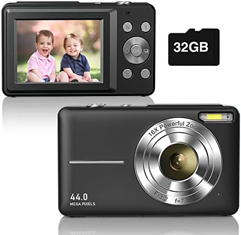 Digitalna kamera 1080p 44mp digitalna kamera za usmjeravanje i snimanje dječija kamera sa memorijskom karticom od 32 GB,16x Zum za djecu Dječaci Djevojčice studenti, Crna