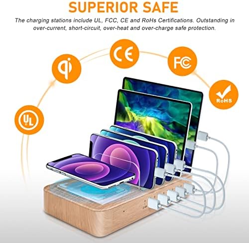 OTESS najbrža stanica za punjenje za više uređaja, 5 USB portova sa 1 Qi jastučićem za punjenje, 6 miješanih kablova, za Apple/AirPods/iPad / Samsung / Android / Tablet