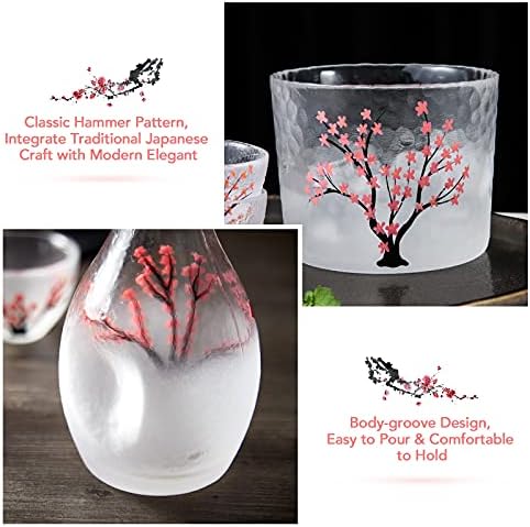 DUJUST japanski sake Set za 4, Handcraft Pink Cherry Blossoms dizajn, 1 bočica sakea, 1 sake rezervoar i 4