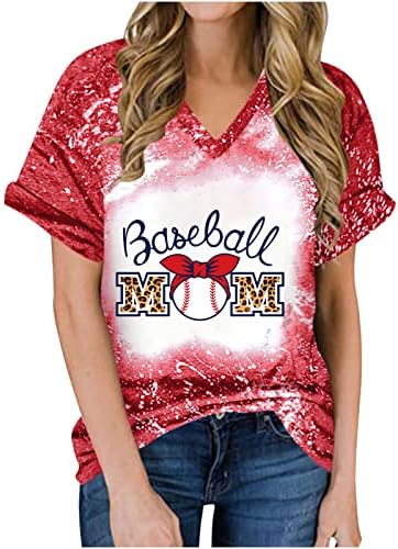 Bejzbol Mama Izbijeljena T-Shirt Ženski V Vrat Ljetni Vrhovi Kratki Rukav Leopard Grafički Uznemireni