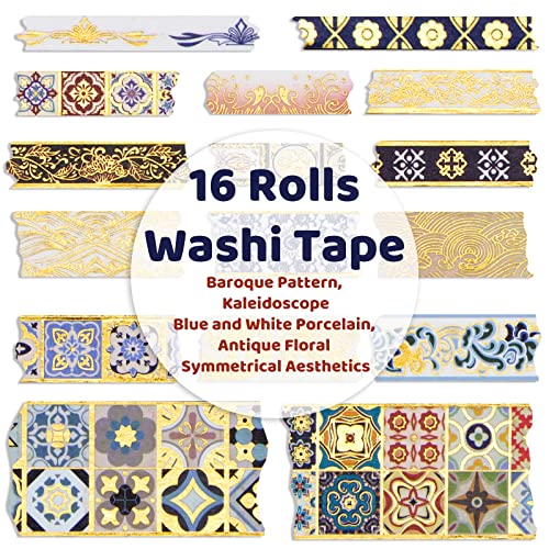 Mpopuul Vintage Washi Tape Set - 16 rolni maskiranje zlatne folije estetske trake za vođenje dnevnika,