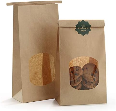 BagDream pekarske torbe sa prozorskim Kraft papirnim vrećama 100kom 4, 5x2, 36x9, 6 inča Tin tie Tab Lock torbe smeđe prozorske torbe kese za kolačiće, kese za kafu