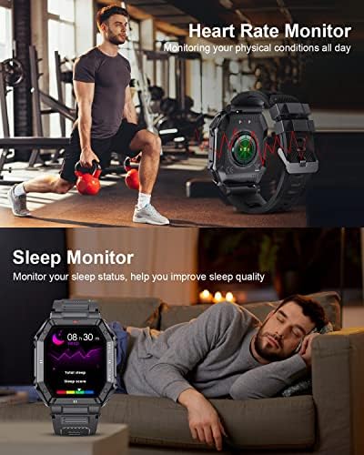 Pametni satovi za muškarce, 1,85 inčni Android iOS Vojni pametni sat, SmartWatch s krvnim pritiskom / brzinom otkucaja srca / 24 sportove, IP67 vodootporni taktički sportski fitnes tracker, 350mAh