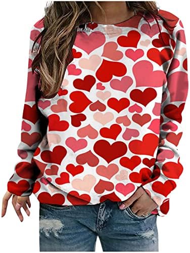 OPLXUO Love Heart Grafički duks za žene za Valentinovo pulover teas dugih rukava tiskane majice