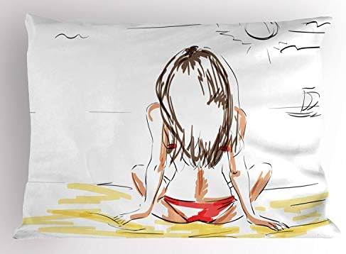 Ambesonne Summer Jastuk Sham, skica djevojke na plaži Ljetni odmor na pijeskom sunčanju, ukrasna