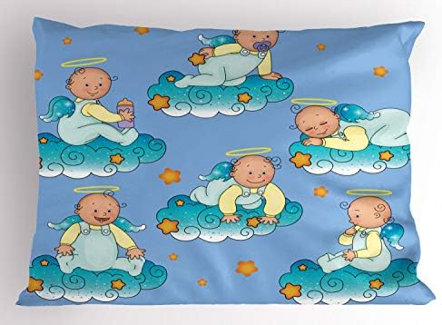 Ambesonne Blue Jastuk Sham, sjedeći spavanje puzeći nasmijani na oblacima umjetnost, dekorativna jastučnica sa