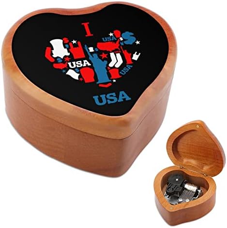 Volim srce u SAD-u Tradicionalna folk drvena muzička kutija Oblik srca Windup Music Box Vintage Wooden