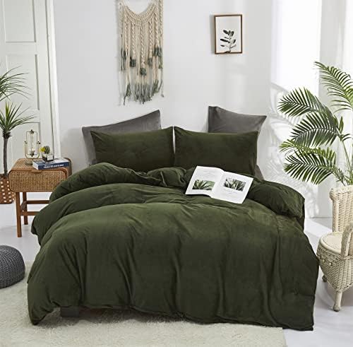 Karever tamnozelenski baršfrski komfor set kraljica vojska zelena flannel baršunaste posteljine komfor