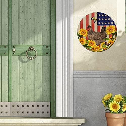 Roditeljska američka zastava Farm Pileći pijetla i suncokret Okrugli metalni znak Vintage Metal Art